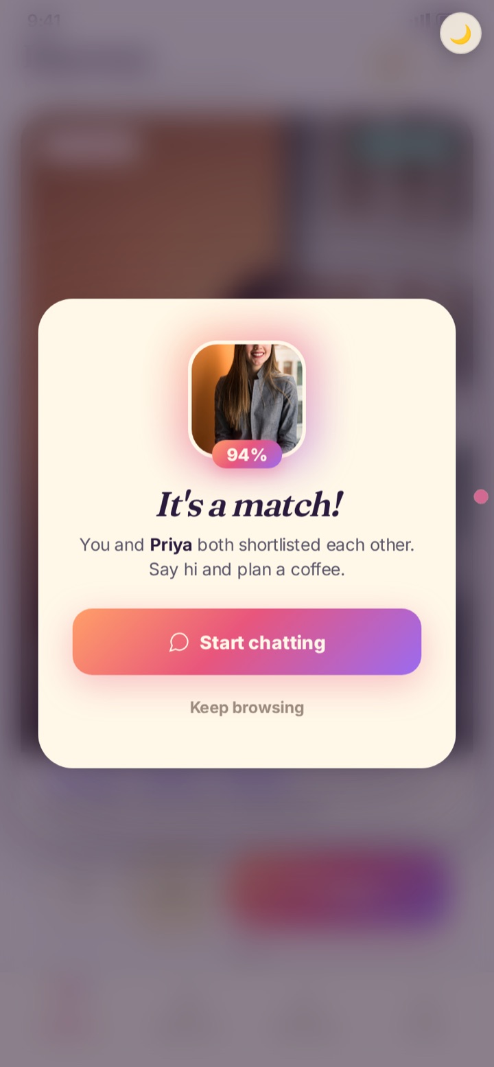 The RUMY app — it's a match: you and Priya both shortlisted each other